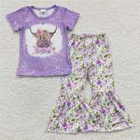 GSPO0264 Girls Purple Alpine Cow Flower Short Sleeve Pant suit