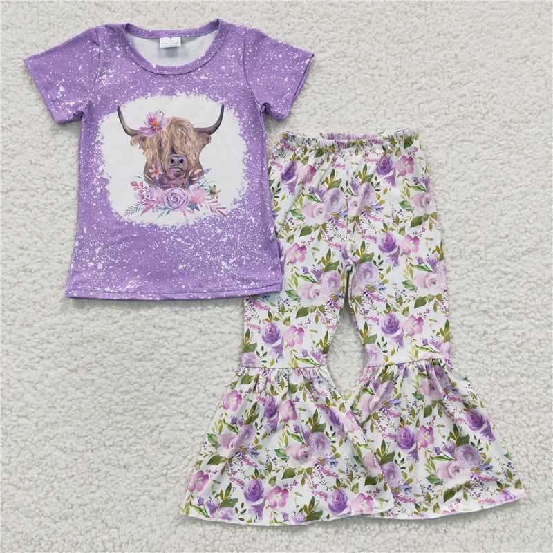 GSPO0264Girls Purple Alpine Cow flower short sleeve pants suit