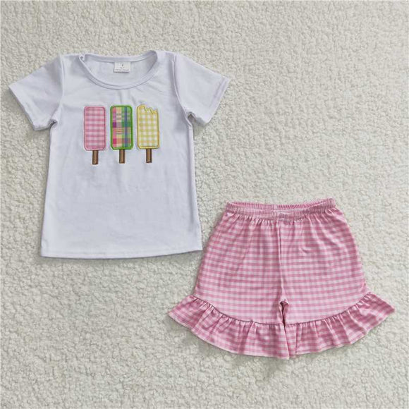 GSO0157SGirl's Embroidery Popsicle Ice Cream Bar white Short sleeve Shorts pink suit