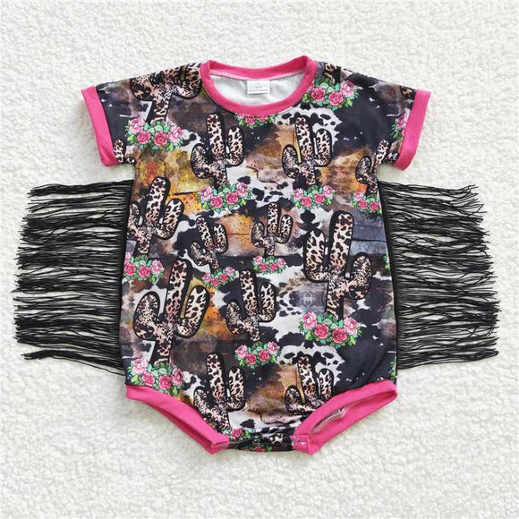 SR0108Summer girl leopard print cactus flower tassel short sleeve cute boutique onesie wholesale price