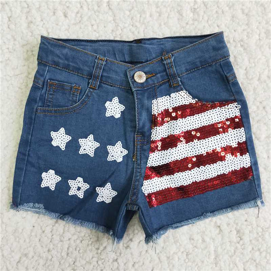 D11-15 2023 new national flag red and blue denim shorts