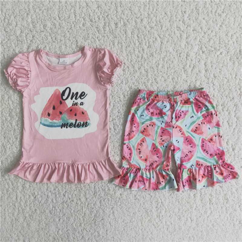 C1-23Summer girl pink watermelon bubble sleeve shorts boutique set wholesale price