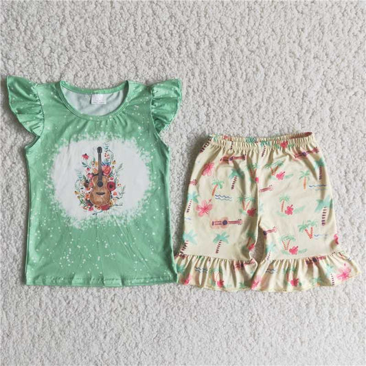 C6-3Summer new girls green small flying sleeve guitar set cute boutique wholesale price