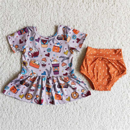 A5-4   Girls Pumpkin Cup Purple Short Sleeve Top Orange Polka Dot Thong Suit