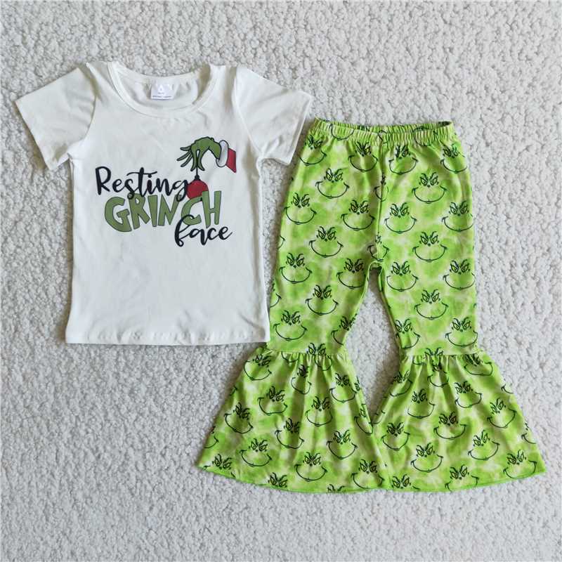 E3-30  White printed short-sleeved top with green anime-print flared pants