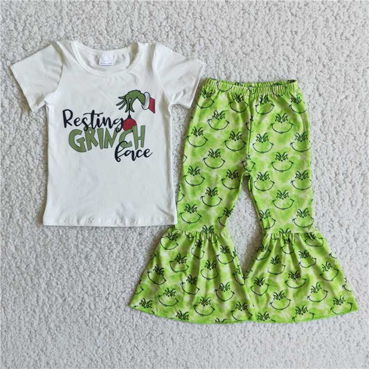 E3-30 White printed short-sleeved top with green anime-print flared pants