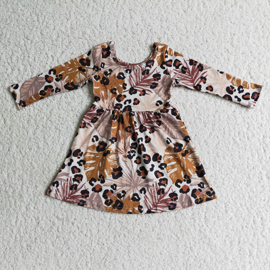 6 B7-3 Girls' Maple Leaf Leopard Print Long Sleeve Dress