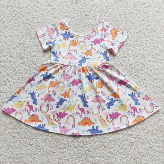 E3-13    Dinosaur image print short-sleeved dress for girls summer new style