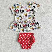 B5-10 Cartoon Character Print Short Sleeve Top with White Polka Dot Print Red Shorts