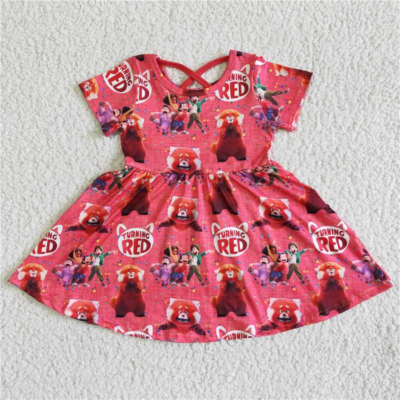 GSD0059   New Anime Movie Pink Bear Print Red Short Sleeve Dress