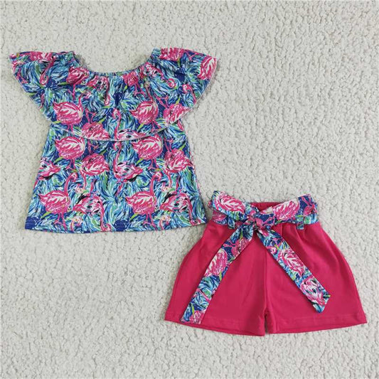 GSSO0101 Girls floral one-line Shoulder bow Rose Red Shorts suit