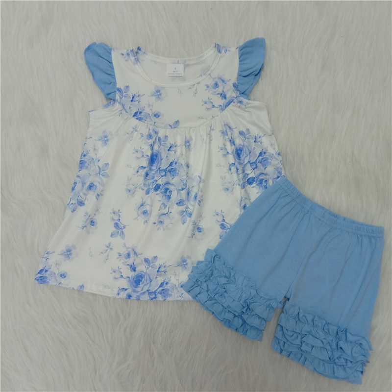 A14-9 summer girls suit White Printed Short Sleeves with blue shorts