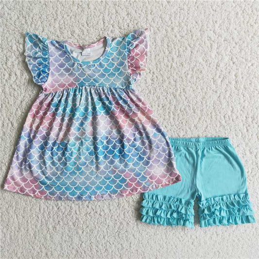 D6-26  fish scale print short sleeve two-piece shorts  summer suit girls clothing