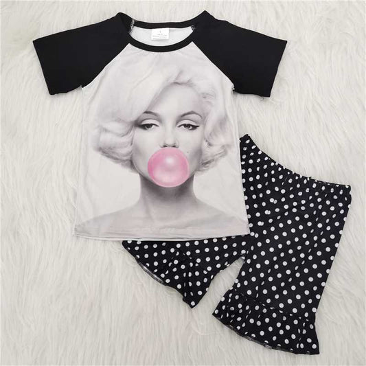 A5-3  Black and white stitching character print short sleeves with white polka dot shorts