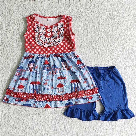 A12-17 House print short-sleeved top with blue shorts