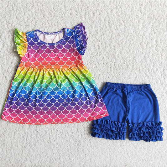 A7-4  Colorful fish scale print short-sleeved top with blue shorts