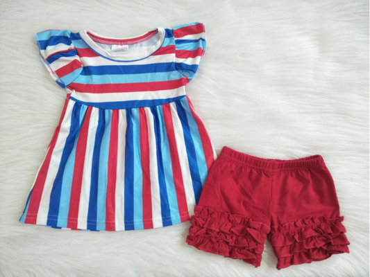 C6-5 White, red and blue striped stitching short-sleeved top   with red shorts