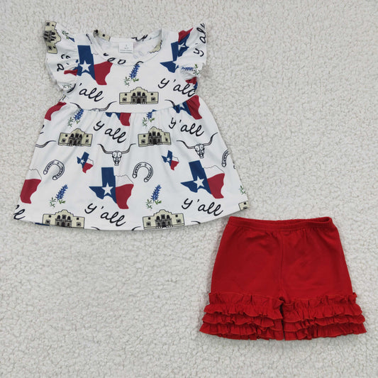 C14-17 New Girls Flag Letter Flying Sleeve T-Shirt Red Pants Set