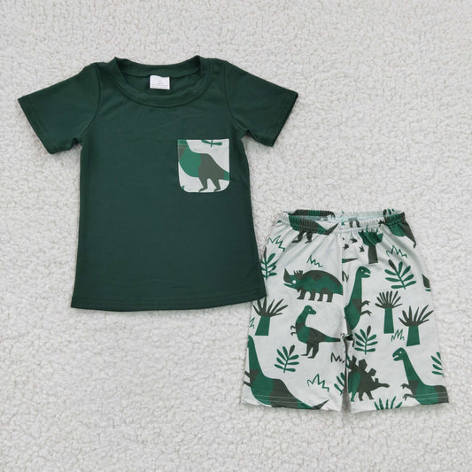 BSSO0116 New Boys Dinosaur Pocket Green Short Sleeve Shorts Set