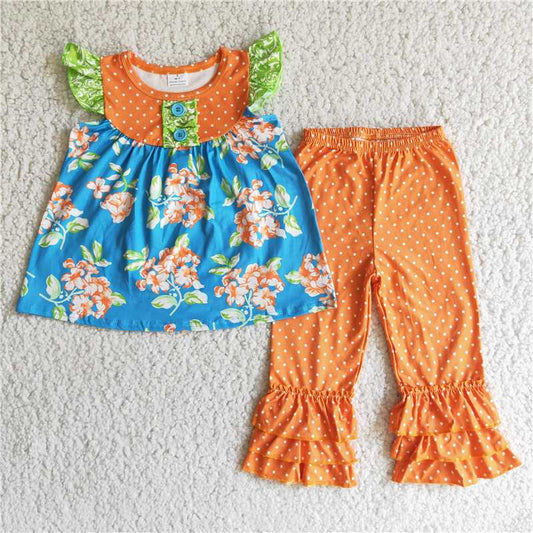 new design infant girl's cute floral short sleeve orange bells outfit kids clothing child boutique baby kids clothes