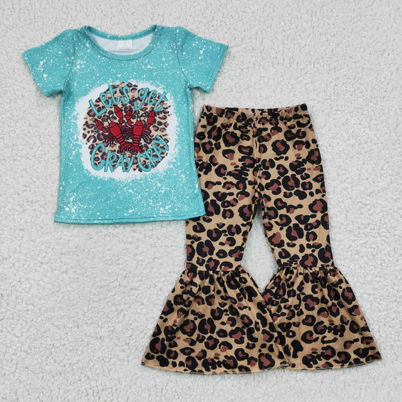 GSPO0333 New Girls Crayfish Blue Leopard Print Short Sleeve Flared Pants Set