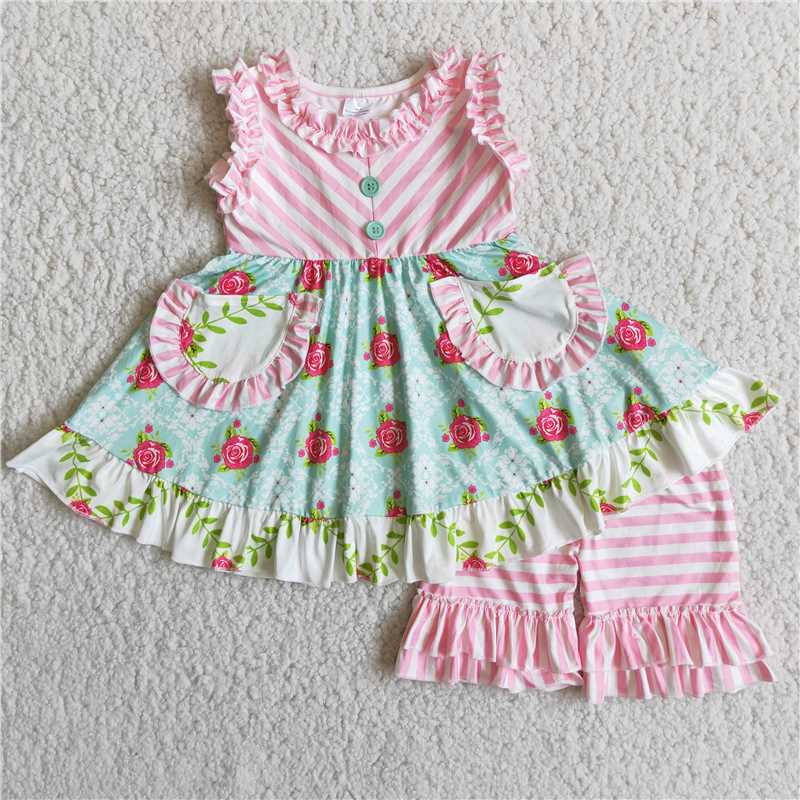 C2-2 Pink striped stitched flower pattern pocket short-sleeved top with pink and white striped shorts