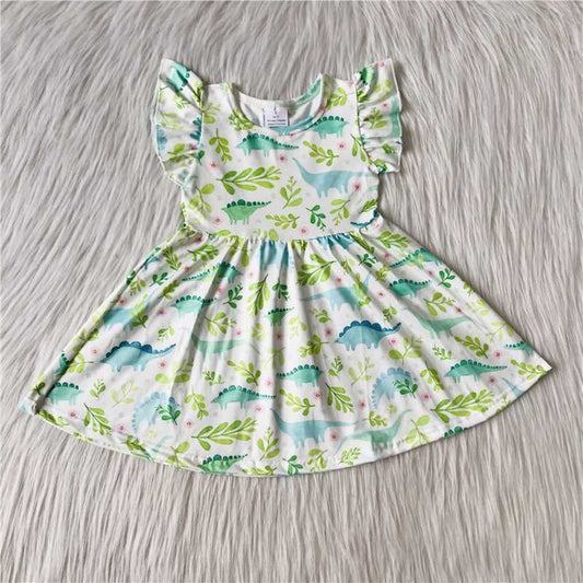 A0-9  Green Dinosaur Print Flying Sleeve Dress Summer New