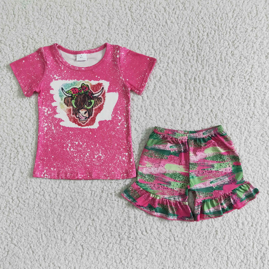 GSSO0074   Bull head print rose red short-sleeved top with colorful print shorts