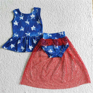 GBO0027 Blue white star red yarn lace sleeveless briefs set