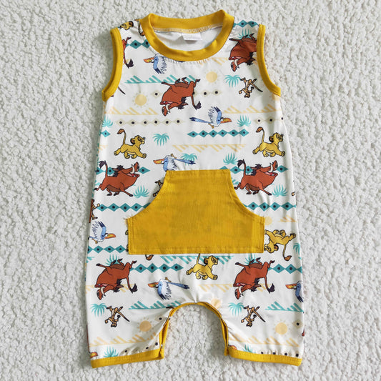 SR0026  Anime Movie Lion Print Pocket Sleeveless Jumpsuit