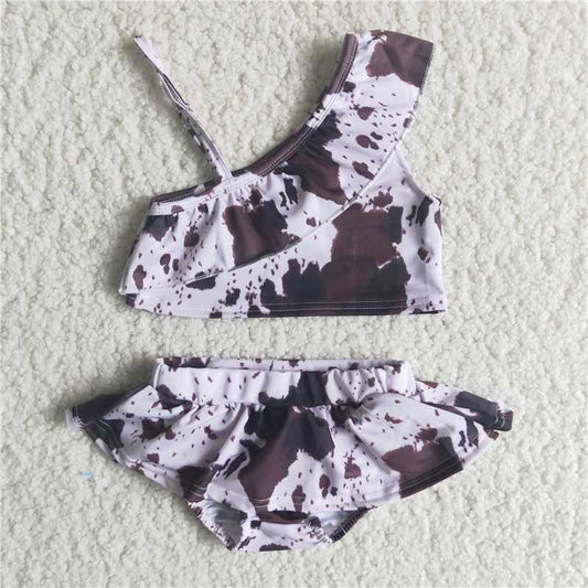 RTS Children Boutique Kids Swimsuits Cow Print 2pcs Ruffle Baby Girls Toddler Fashion Boutique Outfits Clothing Sets