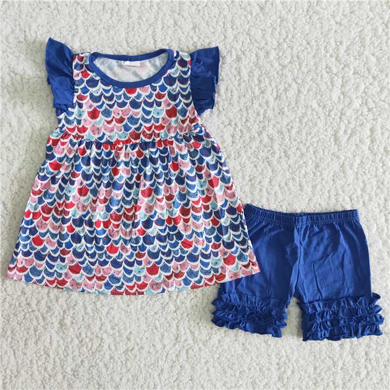 RTS hot sale popular baby girls summer blue color short sleeve shirt children lovely kids boutique outfits fashion design sets