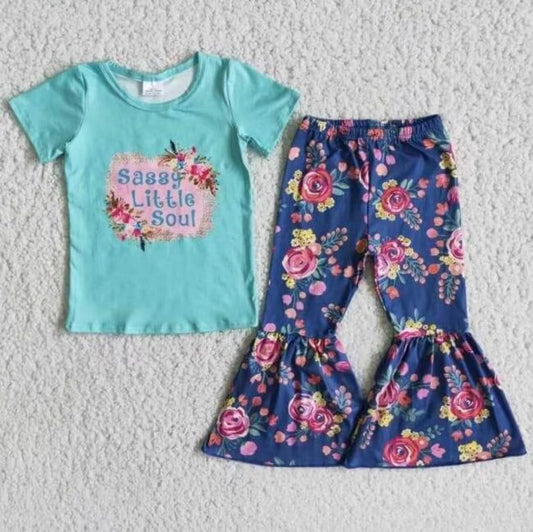 popular infant toddle girls blue floral short sleeve top bell bottom pants outfits children girls spring summer clothing baby outfit