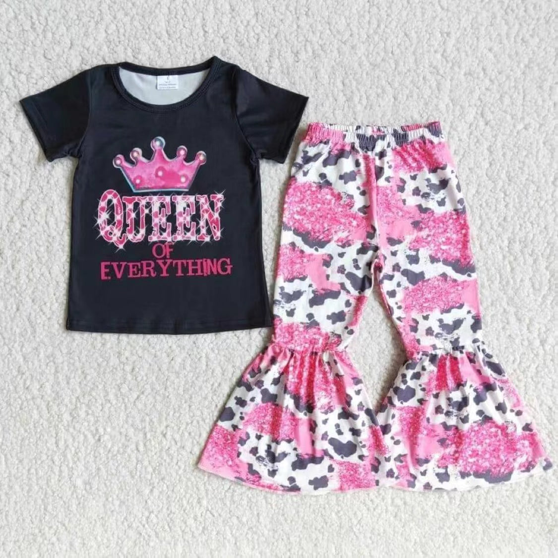 popular infant toddle girls black queen short sleeve top bell bottom pants outfits children girls spring summer clothing baby outfit