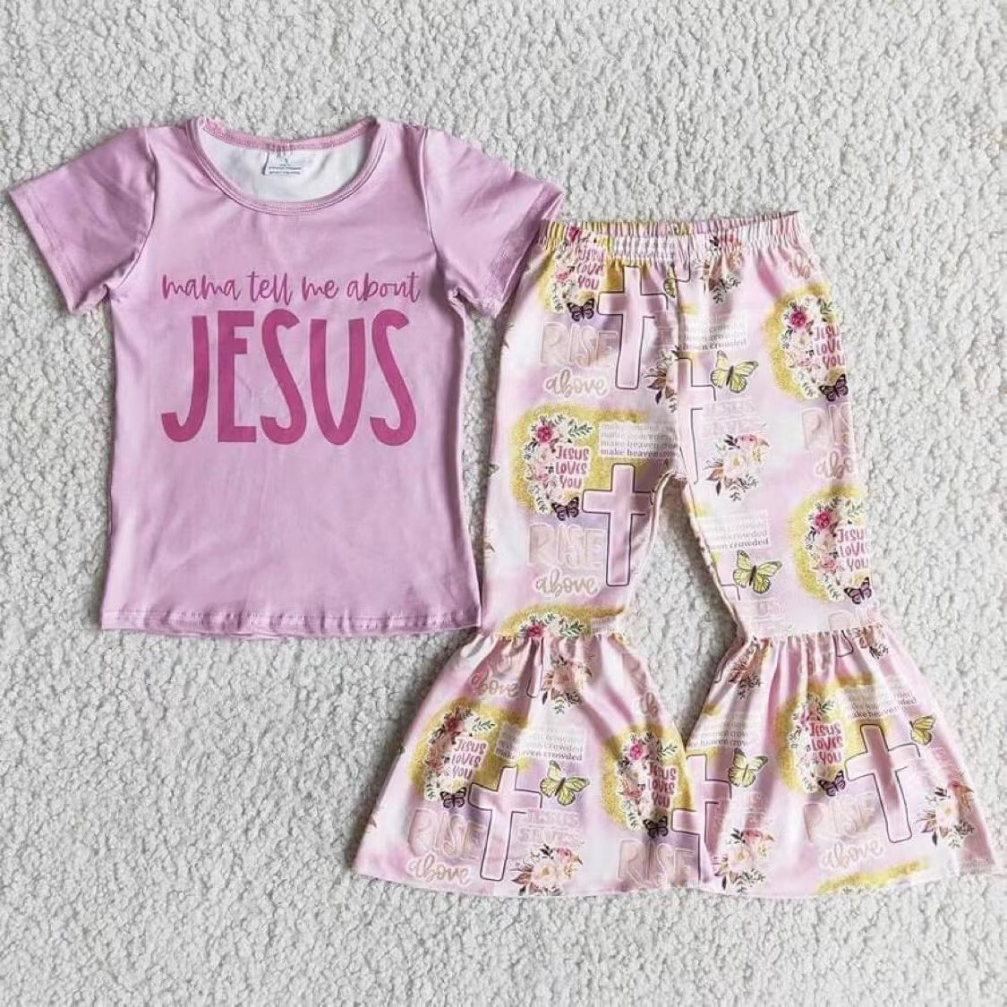 popular infant toddle girls pink jesus short sleeve top bell bottom pants outfits children girls spring summer clothing baby outfit