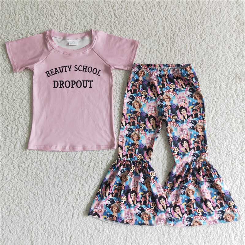 C7-6  infant toddle girls short sleeve pink top bell bottom pants outfits children girls spring summer clothing baby outfit