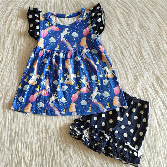 C9-21  Rainbow pony print short-sleeved top with polka-dot black shorts