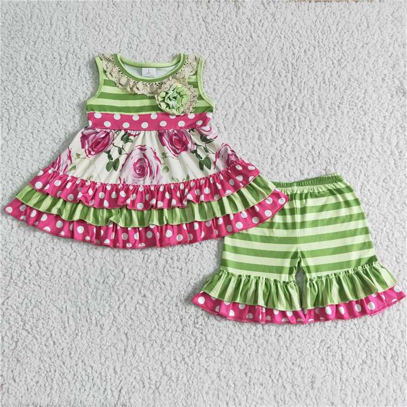 C9-23   Striped Patchwork Print Green Short Sleeve Top with Shorts