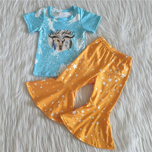 A12-2 Bull head print blue short-sleeved top with star pattern yellow flared pants