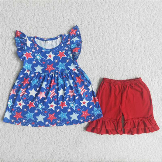 A15-21 Star print blue short-sleeved top with red shorts  independence Day