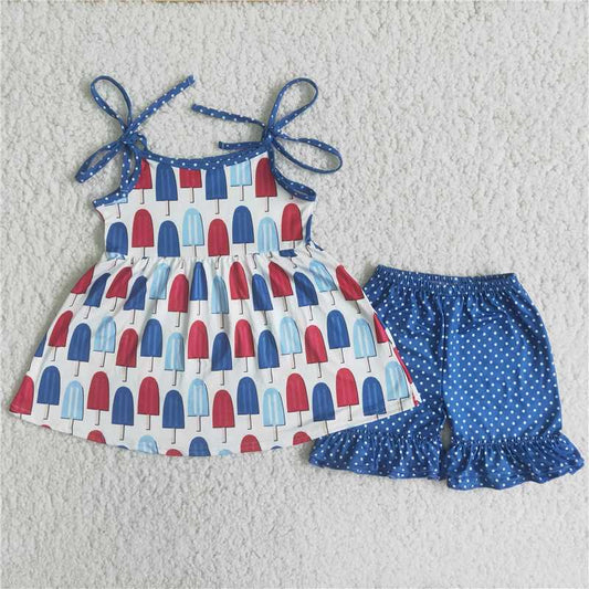 C14-2 Popsicle print suspender top with blue shorts girls