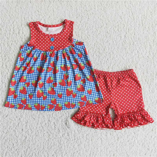 D6-17  Polka dot element strawberry print short-sleeved top with red polka dot shorts