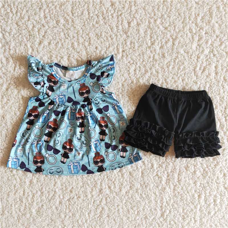 A15-16  Little girl printed blue short-sleeved top with black shorts