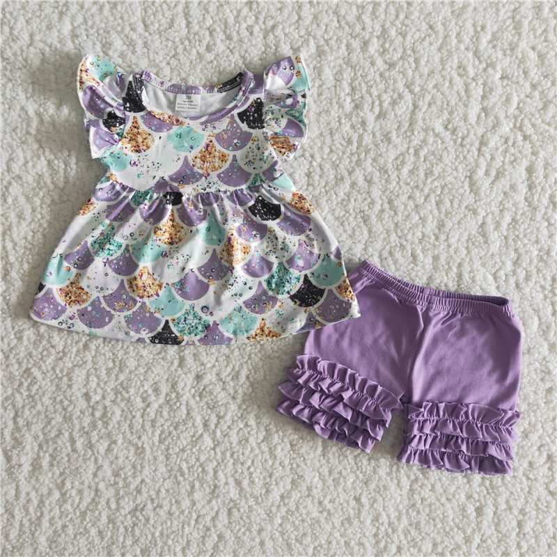 b17-9Summer cow head fish scale purple boutique set