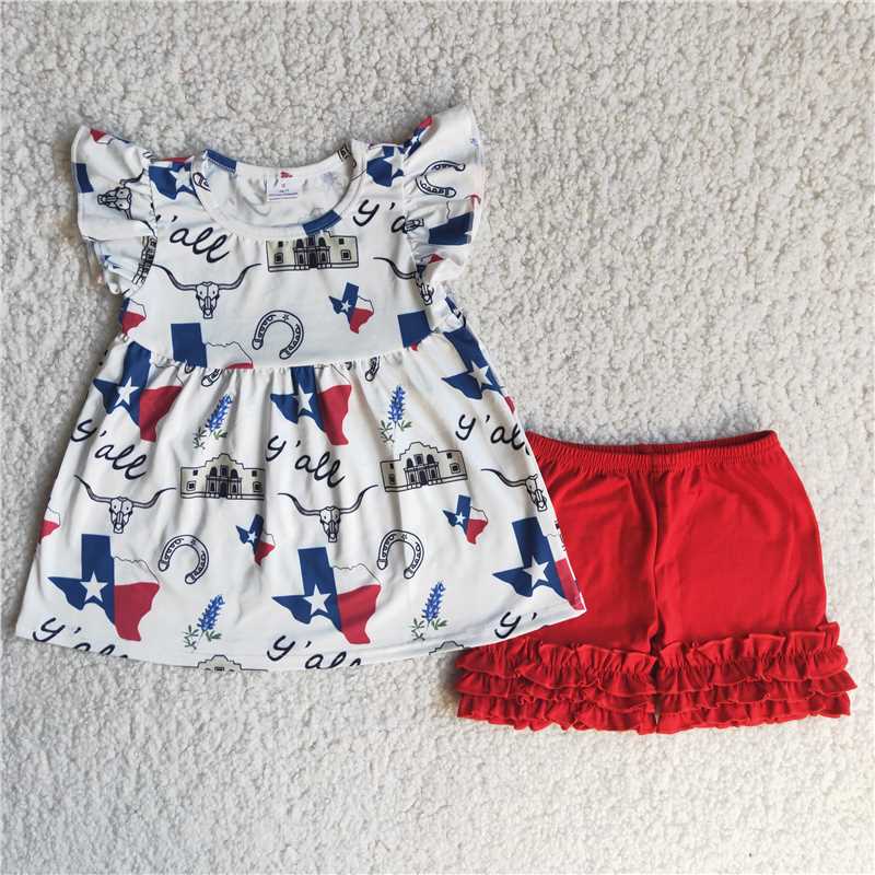 C14-17  Bull head print short-sleeved top with red shorts