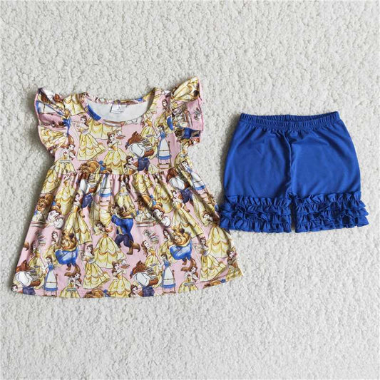 A3-15-1  New cartoon movie character print short-sleeved top with blue shorts