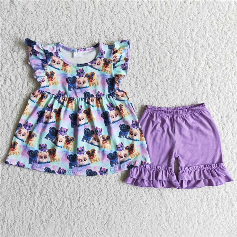 B12-1 New Cartoon Movie Character Print Purple Short Sleeve Top with Purple Shorts