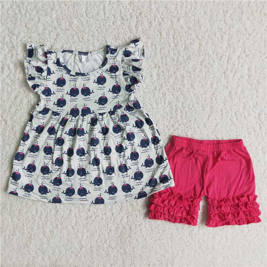 C10-13 Small whale pattern short-sleeved top with rose red shorts