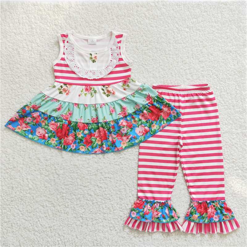 E2-11 summer new children's clothes girls pink stripes three-layer floral stitching set fashion boutique wholesale price