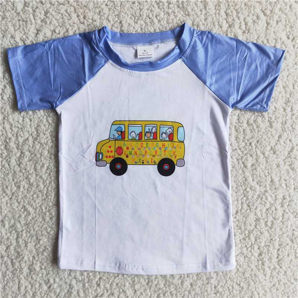 A11-9-2  Boys Short Sleeve Top Car Pattern White Patchwork Blue Short Sleeves